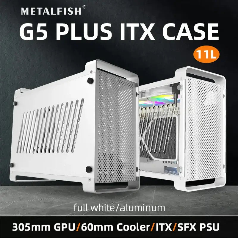 METALFISH G5 Plus Aluminum ITX White Case Suitcase Portable PC Gaming Computer Small Chassis Support SFX PSU/306mm GPU/12cm Fan