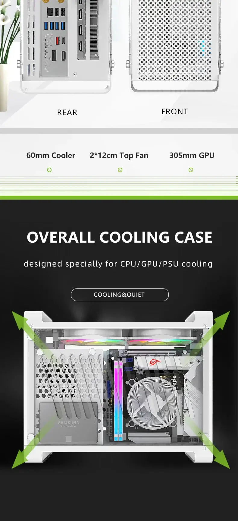 METALFISH G5 Plus Aluminum ITX White Case Suitcase Portable PC Gaming Computer Small Chassis Support SFX PSU/306mm GPU/12cm Fan