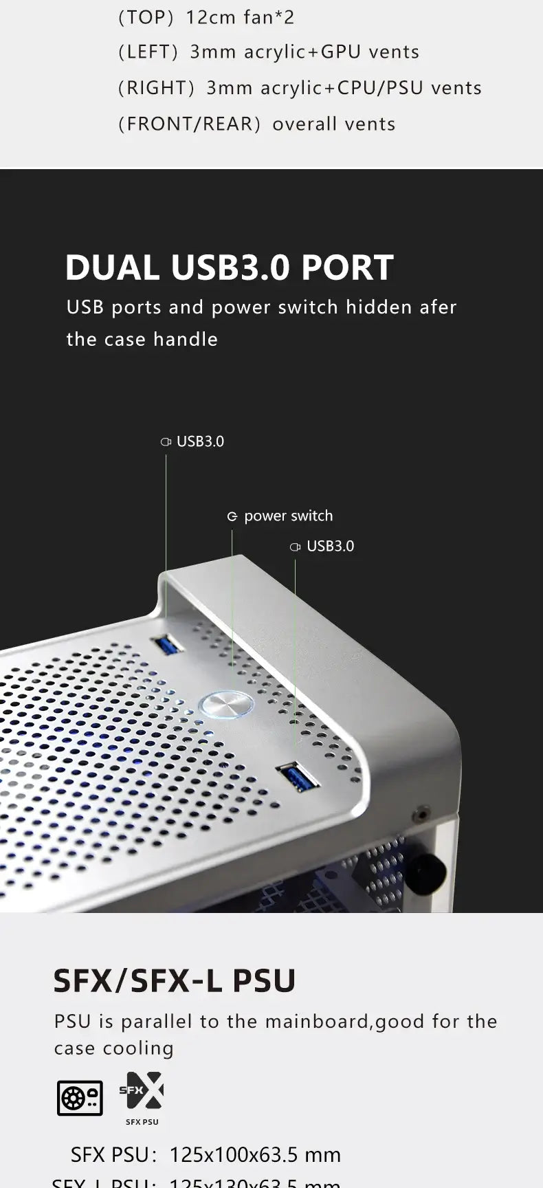 METALFISH G5 Plus Aluminum ITX White Case Suitcase Portable PC Gaming Computer Small Chassis Support SFX PSU/306mm GPU/12cm Fan