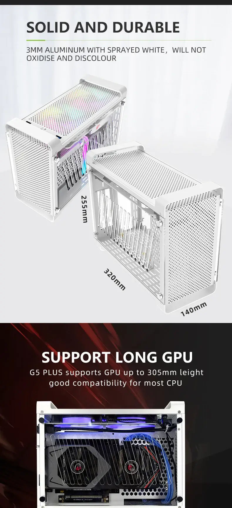 METALFISH G5 Plus Aluminum ITX White Case Suitcase Portable PC Gaming Computer Small Chassis Support SFX PSU/306mm GPU/12cm Fan