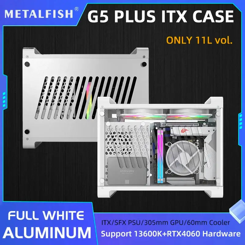 METALFISH G5 Plus Aluminum ITX White Case Suitcase Portable PC Gaming Computer Small Chassis Support SFX PSU/306mm GPU/12cm Fan