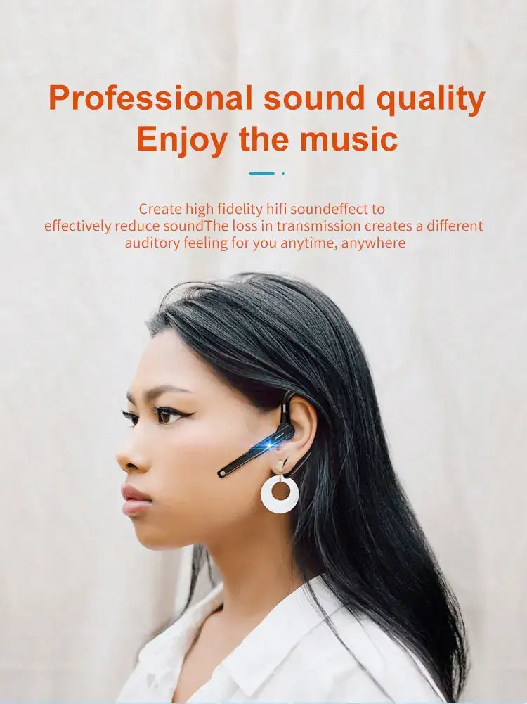 Woman wearing Bluetooth earphone, promoting professional sound quality and music enjoyment.