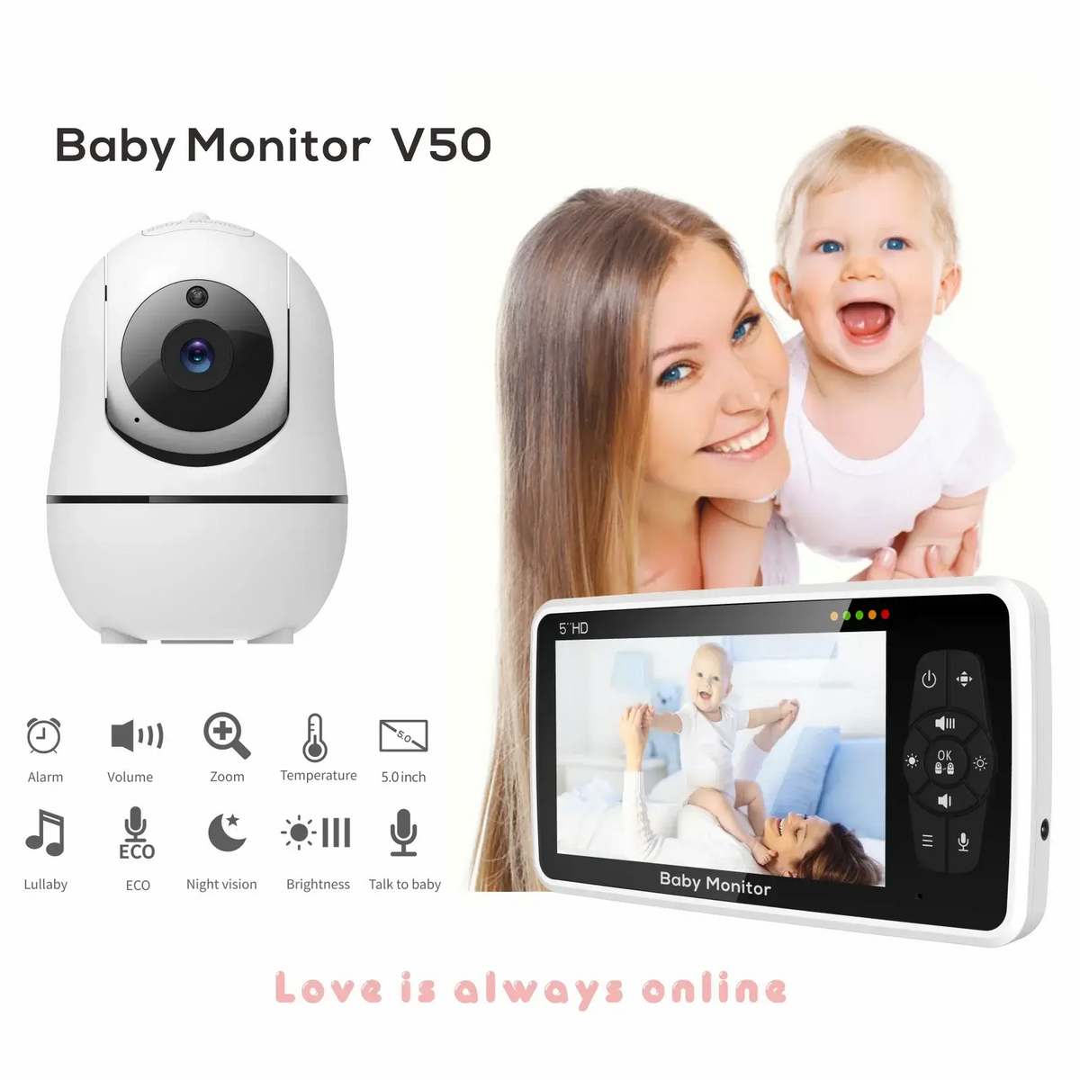 Neues 5-Zoll-Video-Babyphone mit Kamera und Audio, 4-fachem Zoom, 22-Stunden-Akku, 1000 Fuß Reichweite, 2-Wege-Audio, Temperatursensor, Schlaflied