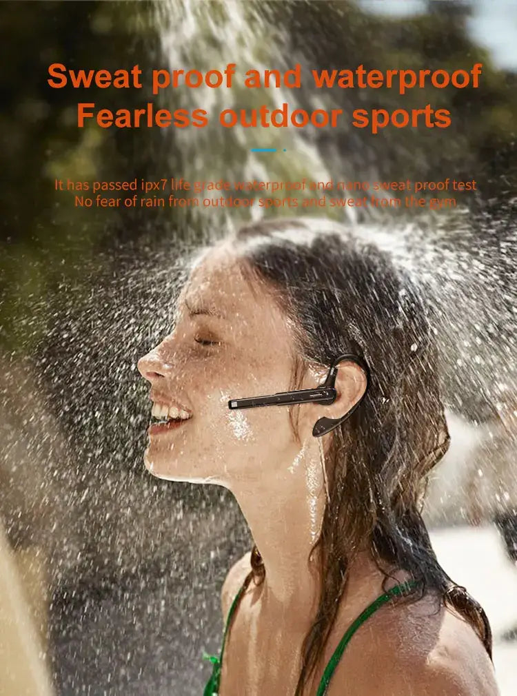 Woman enjoying outdoor sports with sweat-proof and waterproof Bluetooth earphones under a shower.