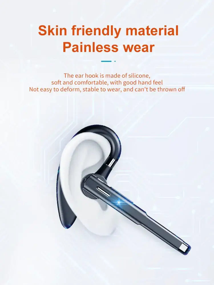 Bluetooth earphone with silicone ear hook, designed for comfort and stability, ensuring painless wear for long usage.