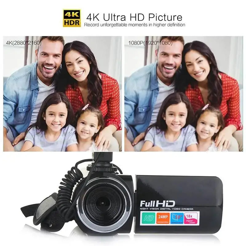 Cámara de vídeo profesional 4K HD con visión nocturna, pantalla táctil LCD de 3,0 pulgadas, zoom digital de 18x y micrófono