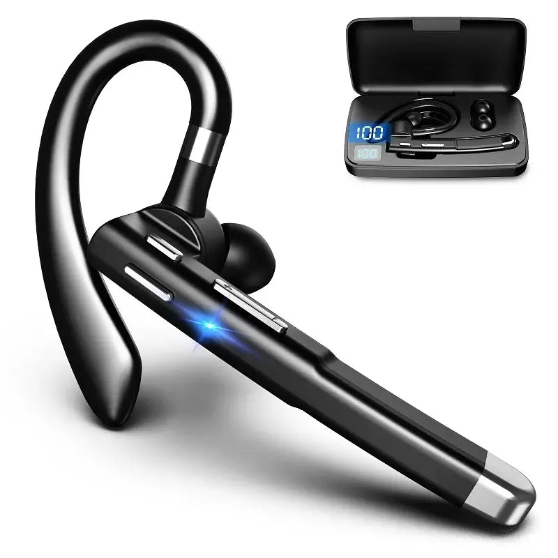 Bluetooth earphone with ear hook design, charging case, and digital display for wireless connection and hands-free use.