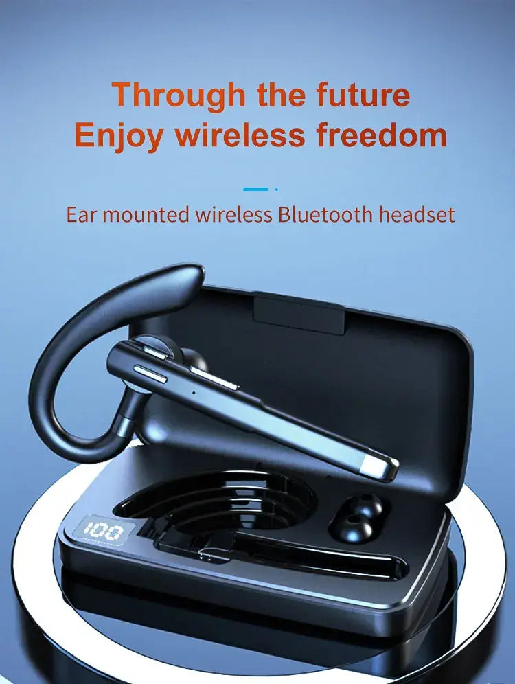 Bluetooth ear mounted headset showcasing wireless design and charging case for handsfree audio experiences.