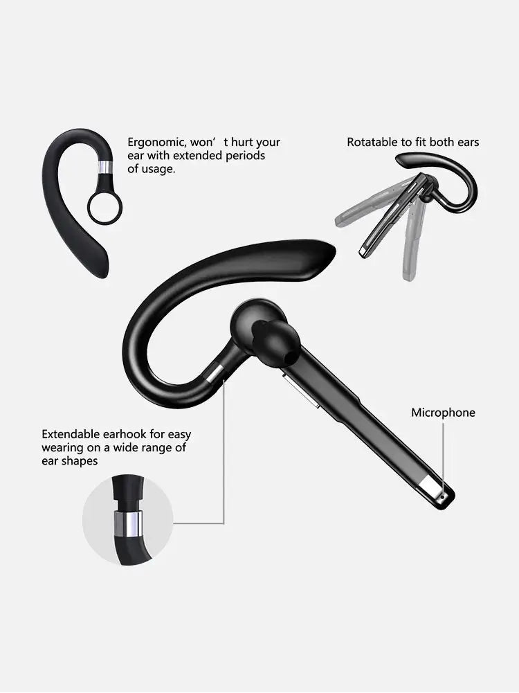 Ergonomic Bluetooth earphone design showcasing extendable earhook and swivel features for comfortable fit and HD microphone.