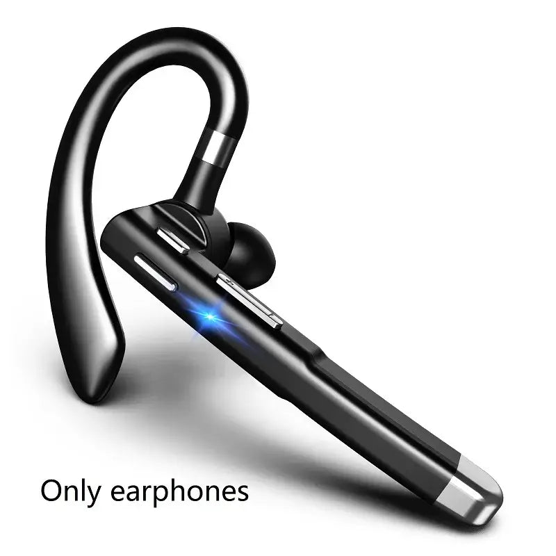 Bluetooth earphones 5.3 with ear hook design, stereo sound, noise canceling features, and HD mic for smart devices.