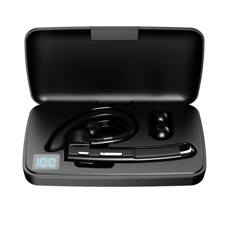 Bluetooth earphones in charging case with digital battery display, featuring ergonomic ear hook design for comfort.