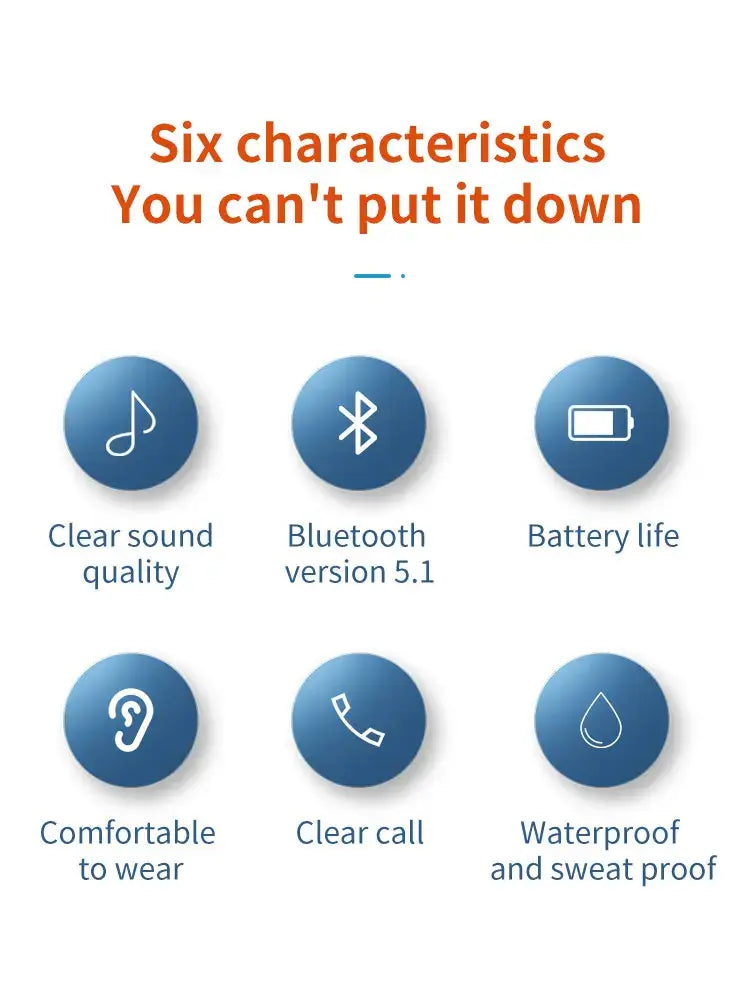 Six key features of Bluetooth earphones: clear sound quality, Bluetooth 5.1, long battery life, comfort, clear calls, waterproof.