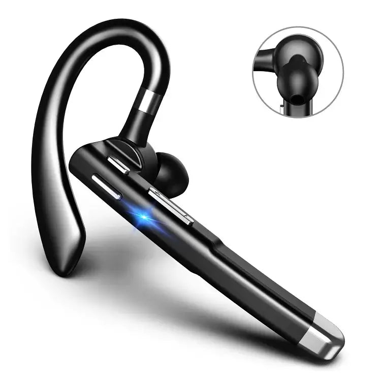 Bluetooth earphones with ear hook design, featuring control buttons and a dynamic mic for hands-free communication.