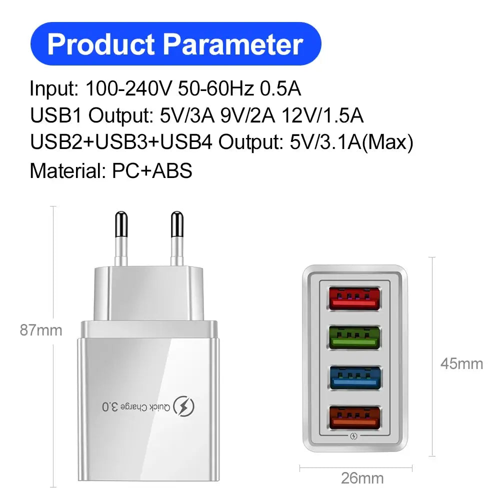 EU/US Plug USB Charger Quick Charge 3.0 For Phone Adapter for iPhone 15 Pro Max Tablet Portable Wall Mobile Charger Fast Charger