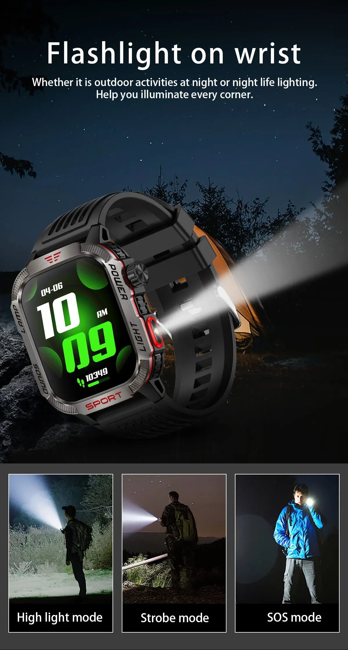 Neue 2,01-Zoll-Smartwatch für Herren im Freien, 3ATM wasserdicht, 600 mAh-Batterie, Kompass, LED-Taschenlampe, Bluetooth-Anruf, Smartwatch für Xiaomi