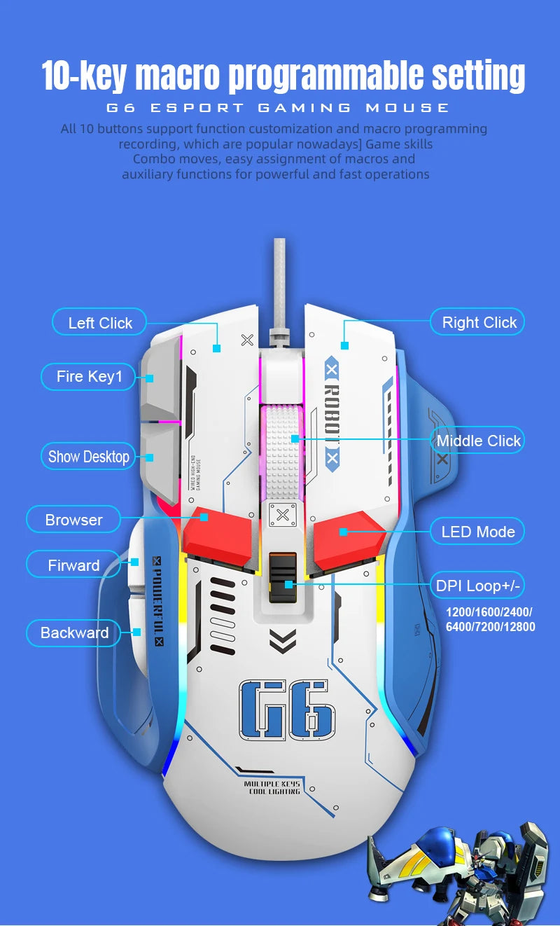 Ratón para juegos G6 con cable, 128000 DPI, chip A826 RGB, programable con macros, diseño ergonómico superior para juegos y trabajo