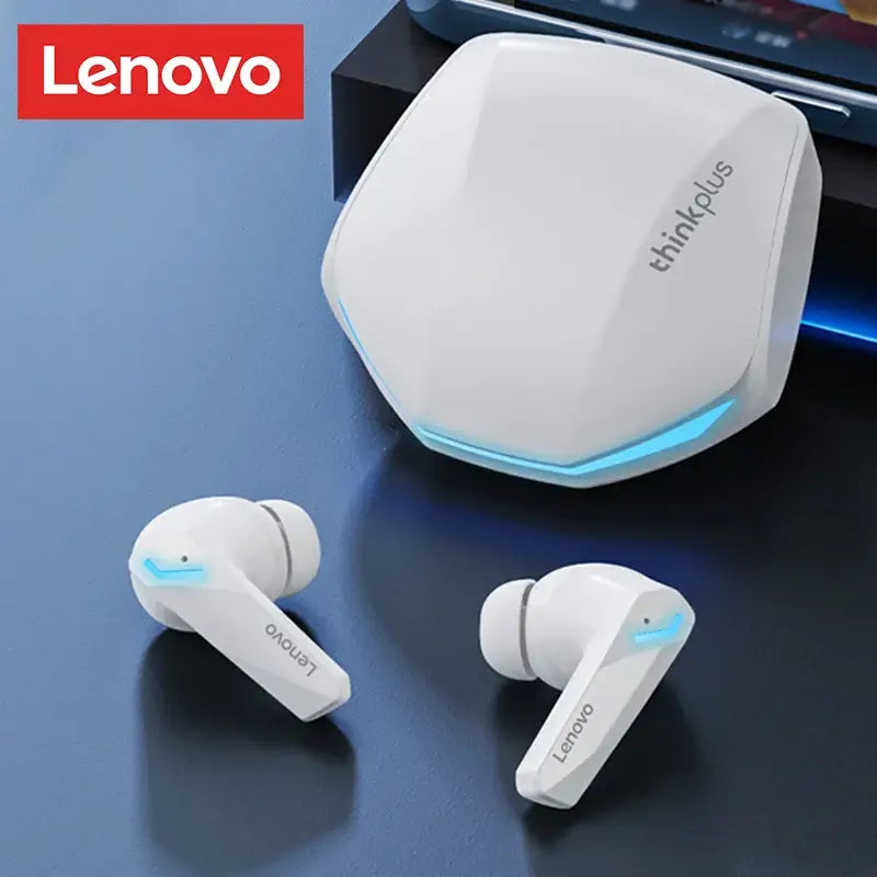 Original Lenovo GM2 Pro Bluetooth earbuds with charging case, showcasing dynamic sound and low latency design.