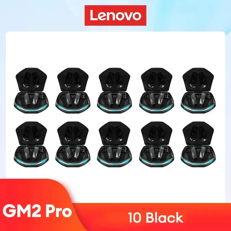 Original Lenovo GM2 Pro Bluetooth earbuds displayed in black charging cases, showcasing a sleek design for gaming and calls.