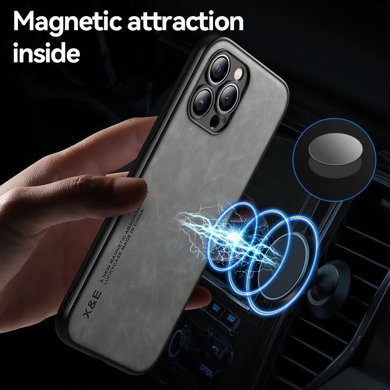 Luxury Magnetic Leather Case for iPhone 15 14 13 12 11 16 Pro Max Mini XR XS 8 7 Plus SE 14Pro Magsafe Cover Support Car Holder