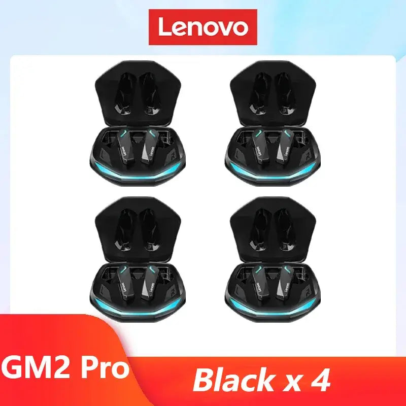 Original Lenovo GM2 Pro wireless earphones charging cases in black, displayed in pairs for showcase.