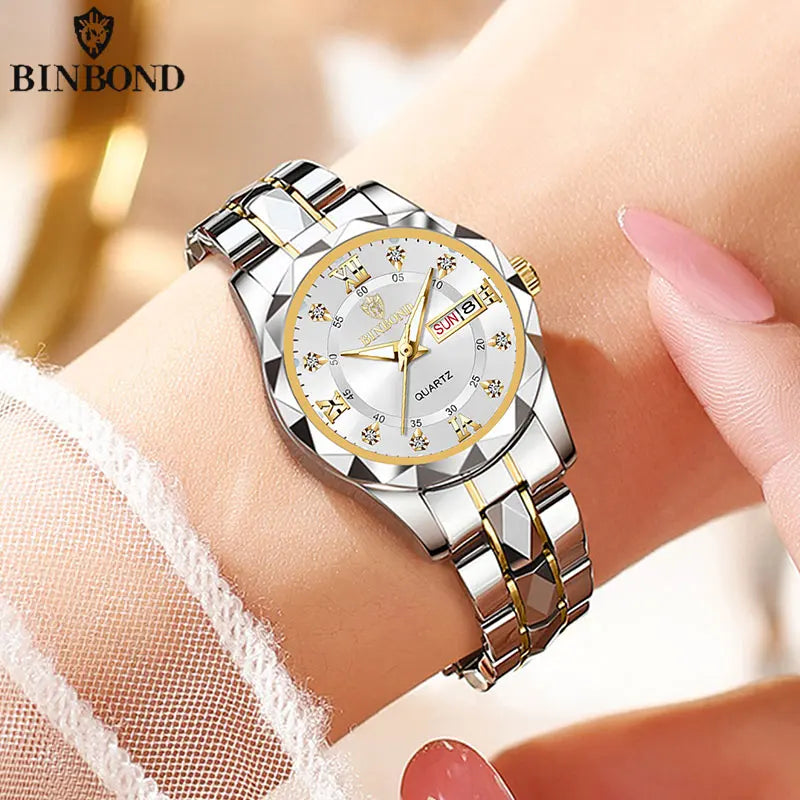 BINBOND B2521 Reloj de cuarzo de lujo de primera marca para mujer, resistente al agua hasta 30 m, con fecha y semana, deportivo, para negocios y negocios