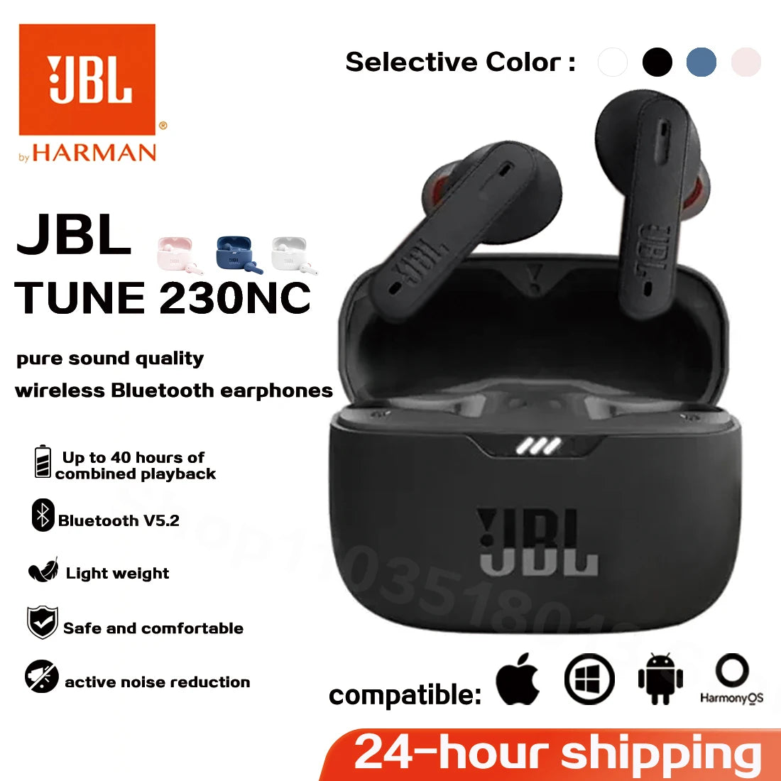 Auriculares inalámbricos Bluetooth originales JBL Tune 230nc TWS estéreo de graves, auriculares deportivos impermeables con micrófono T230nc