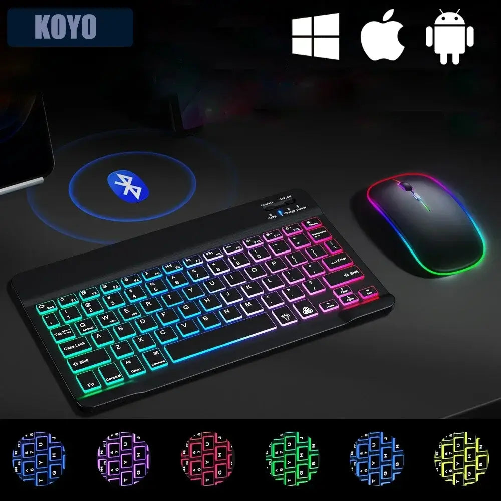 10-Zoll-RGB-Bluetooth-Tastatur mit Hintergrundbeleuchtung, kabellose Mini-Maus für spanische und russische Tastatur, wiederaufladbare RGB-Tastaturmaus mit Hintergrundbeleuchtung