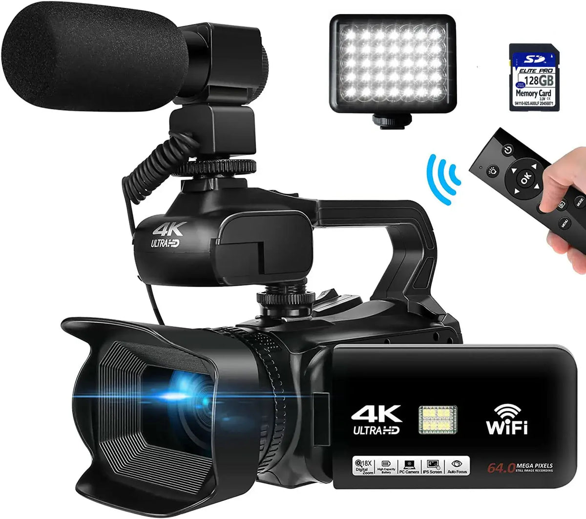 WIFI-Camcorder, 4K-Videokamera, 64 MP, 60 FPS, HD, Autofokus, Vlogging, 4,0-Zoll-Touchscreen, 18-facher Zoom für Live-Streaming