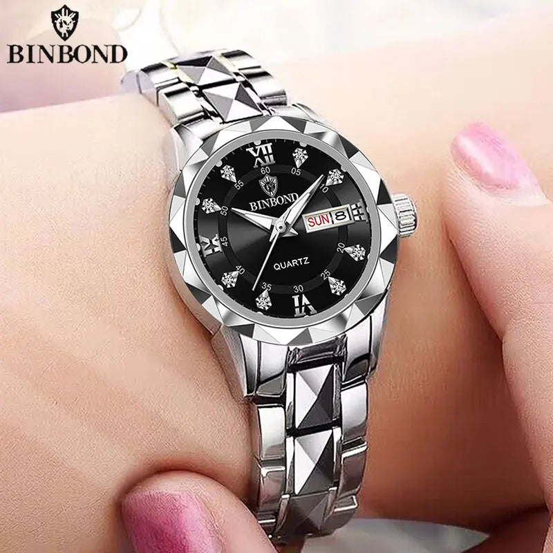 BINBOND B2521 Reloj de cuarzo de lujo de primera marca para mujer, resistente al agua hasta 30 m, con fecha y semana, deportivo, para negocios y negocios