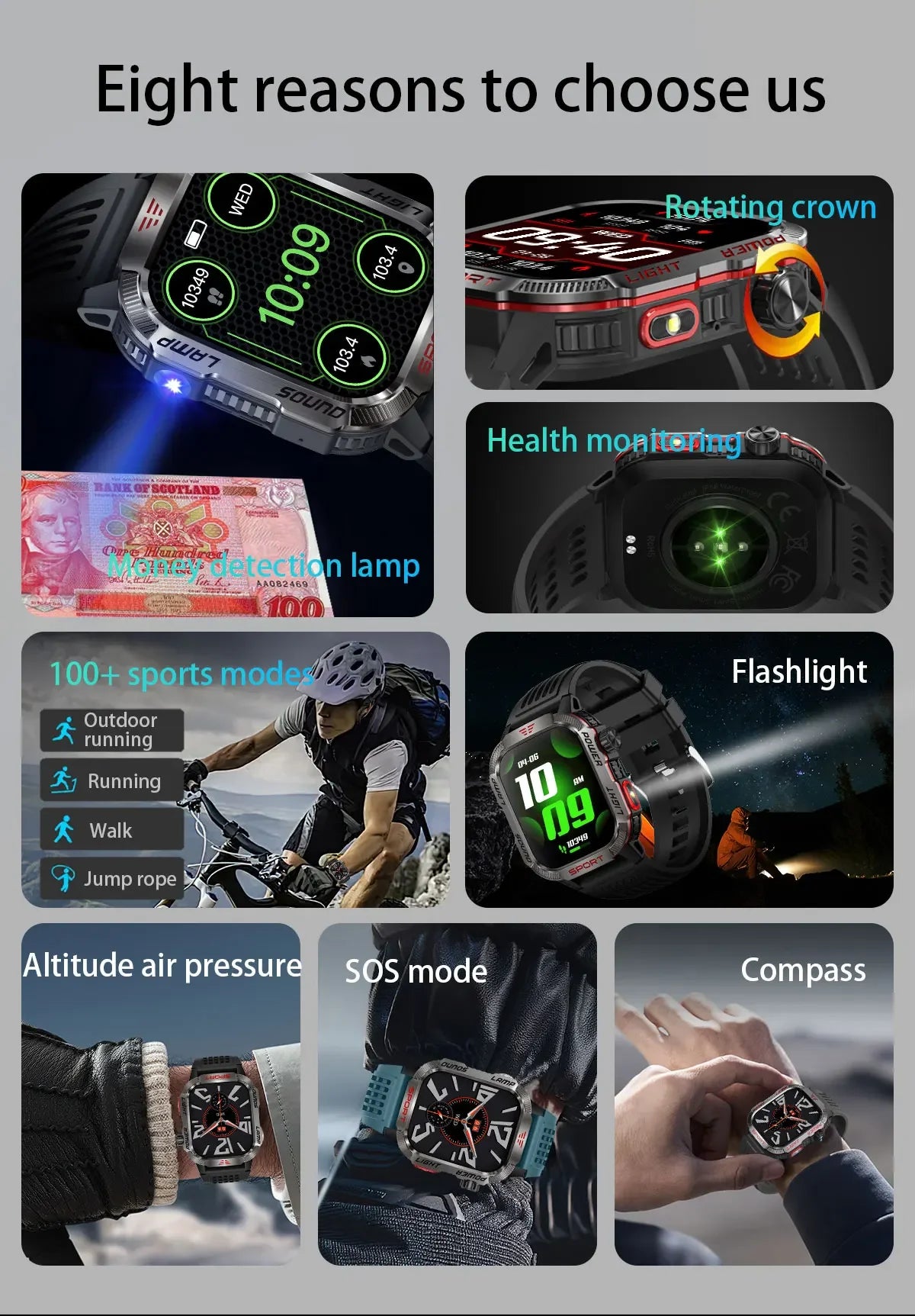 Neue 2,01-Zoll-Smartwatch für Herren im Freien, 3ATM wasserdicht, 600 mAh-Batterie, Kompass, LED-Taschenlampe, Bluetooth-Anruf, Smartwatch für Xiaomi