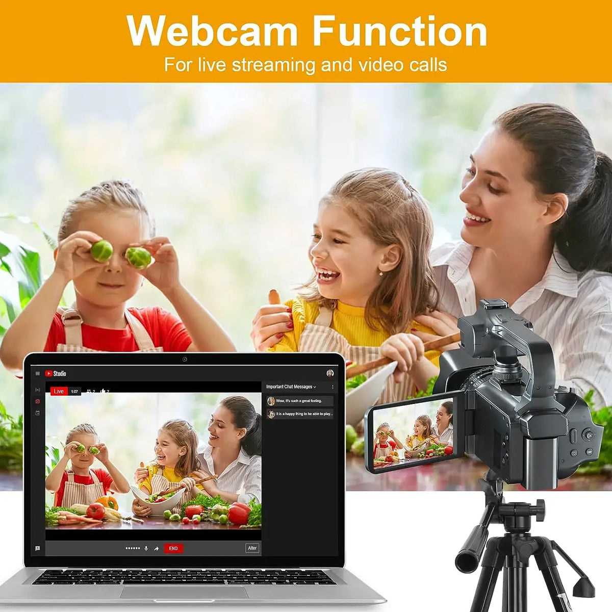 Cámara de vídeo 4K, videocámara de 64 MP para transmisión en vivo de YouTube, grabadora de vlogs digital con pantalla táctil giratoria de 4.0", cámara web con enfoque automático WIFI de 18X