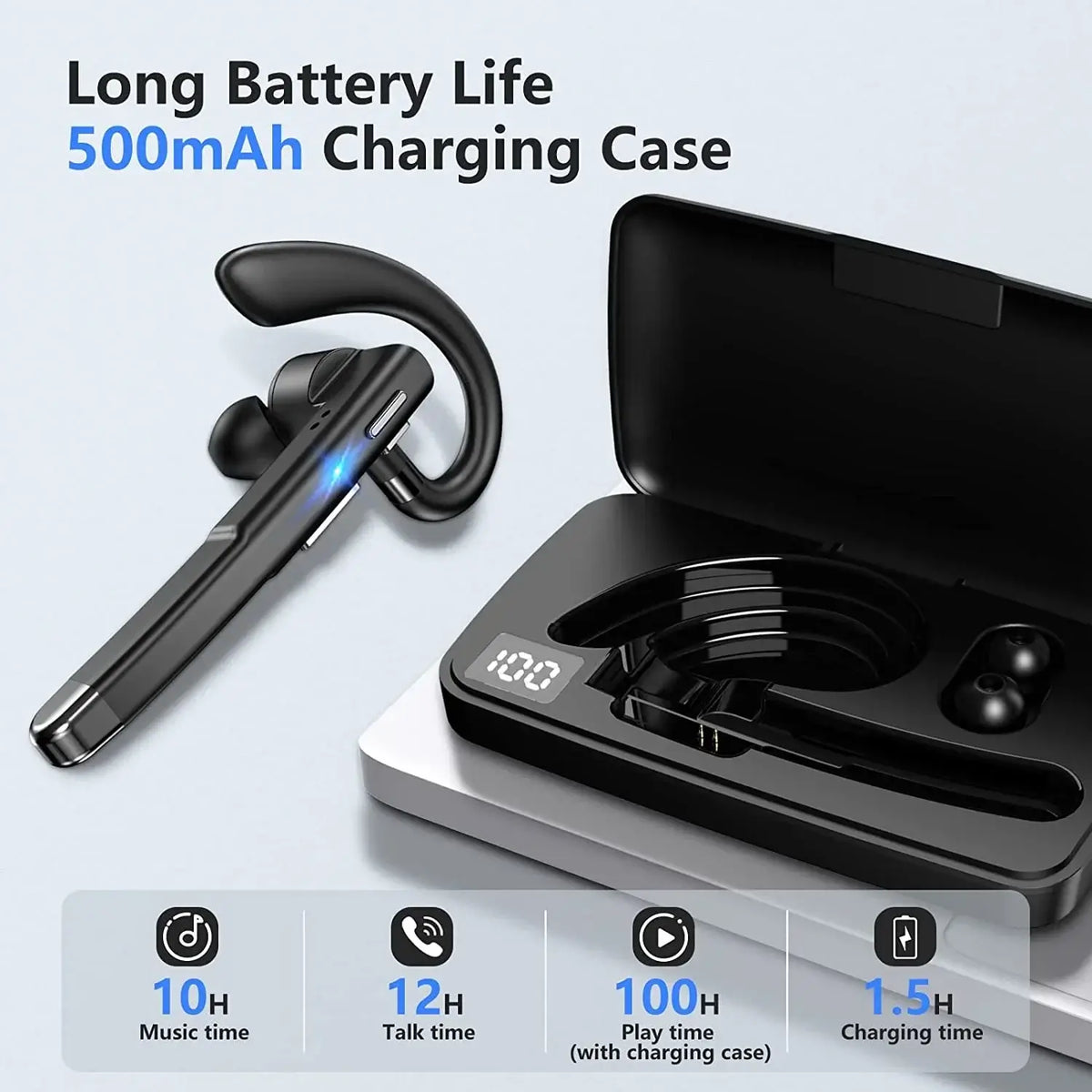 Bluetooth earphones with 500mAh charging case showcasing long battery life and talk time specifications.