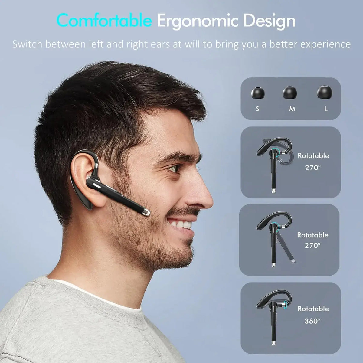 Comfortable ergonomic design of Bluetooth earphones with rotatable features for optimal ear fit and usage.