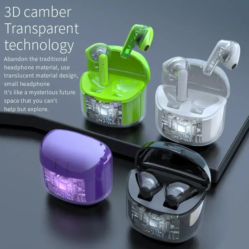 Transparent case design showcasing 3D camber technology of wireless earphones in various colors.