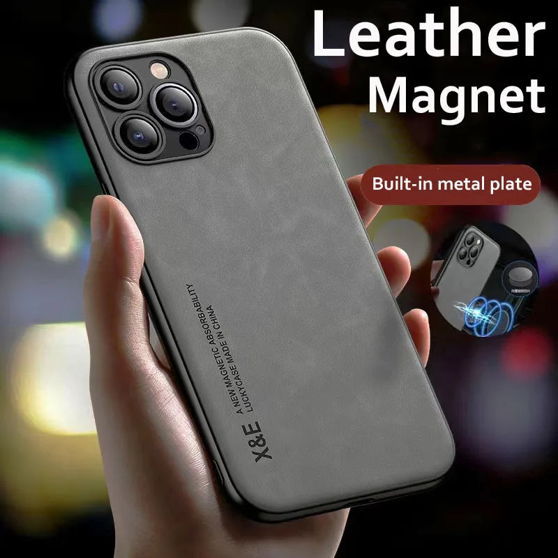 Luxury Magnetic Leather Case for iPhone 15 14 13 12 11 16 Pro Max Mini XR XS 8 7 Plus SE 14Pro Magsafe Cover Support Car Holder