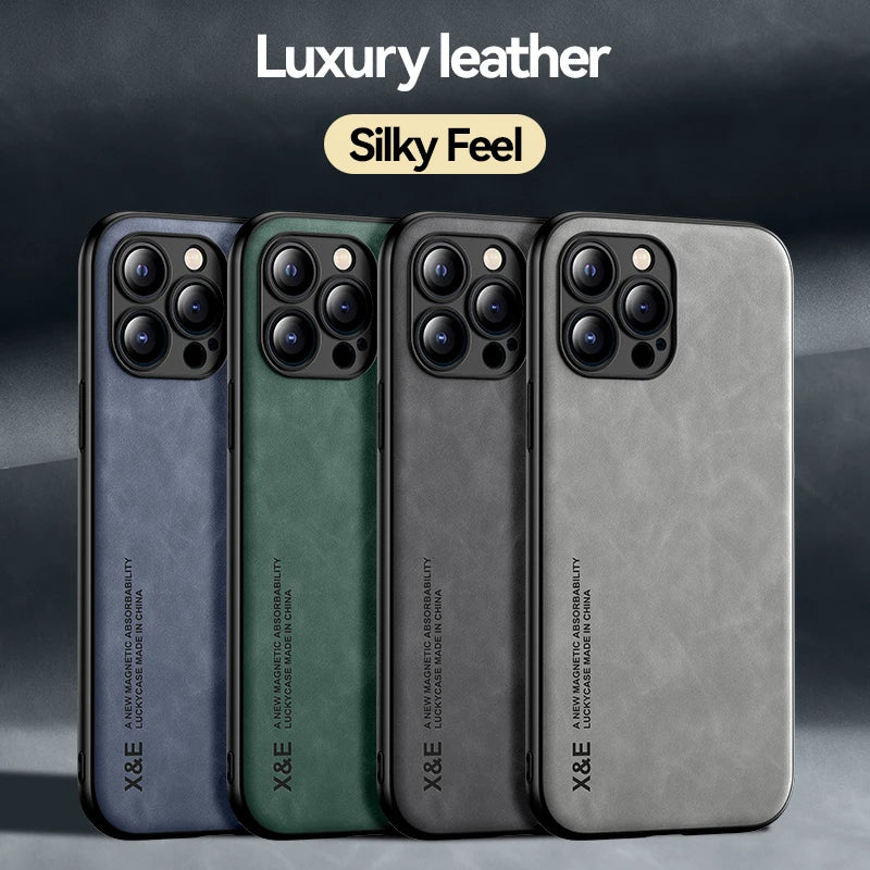 Luxury Magnetic Leather Case for iPhone 15 14 13 12 11 16 Pro Max Mini XR XS 8 7 Plus SE 14Pro Magsafe Cover Support Car Holder