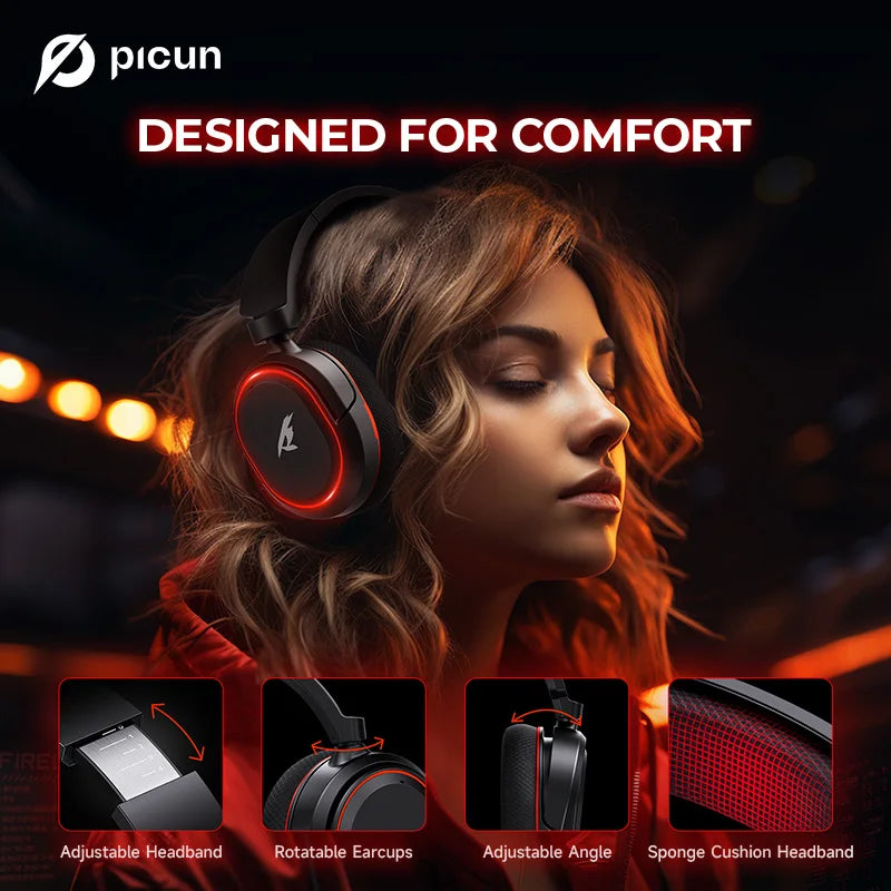 Picun G2 Kabelloses Gaming-Headset Bluetooth 5.3 2.4G Kopfhörer 7.1 Surround 5ms Niedrige Latenz ENC-Mikrofon für PC PS4 PS5 Telefonschalter