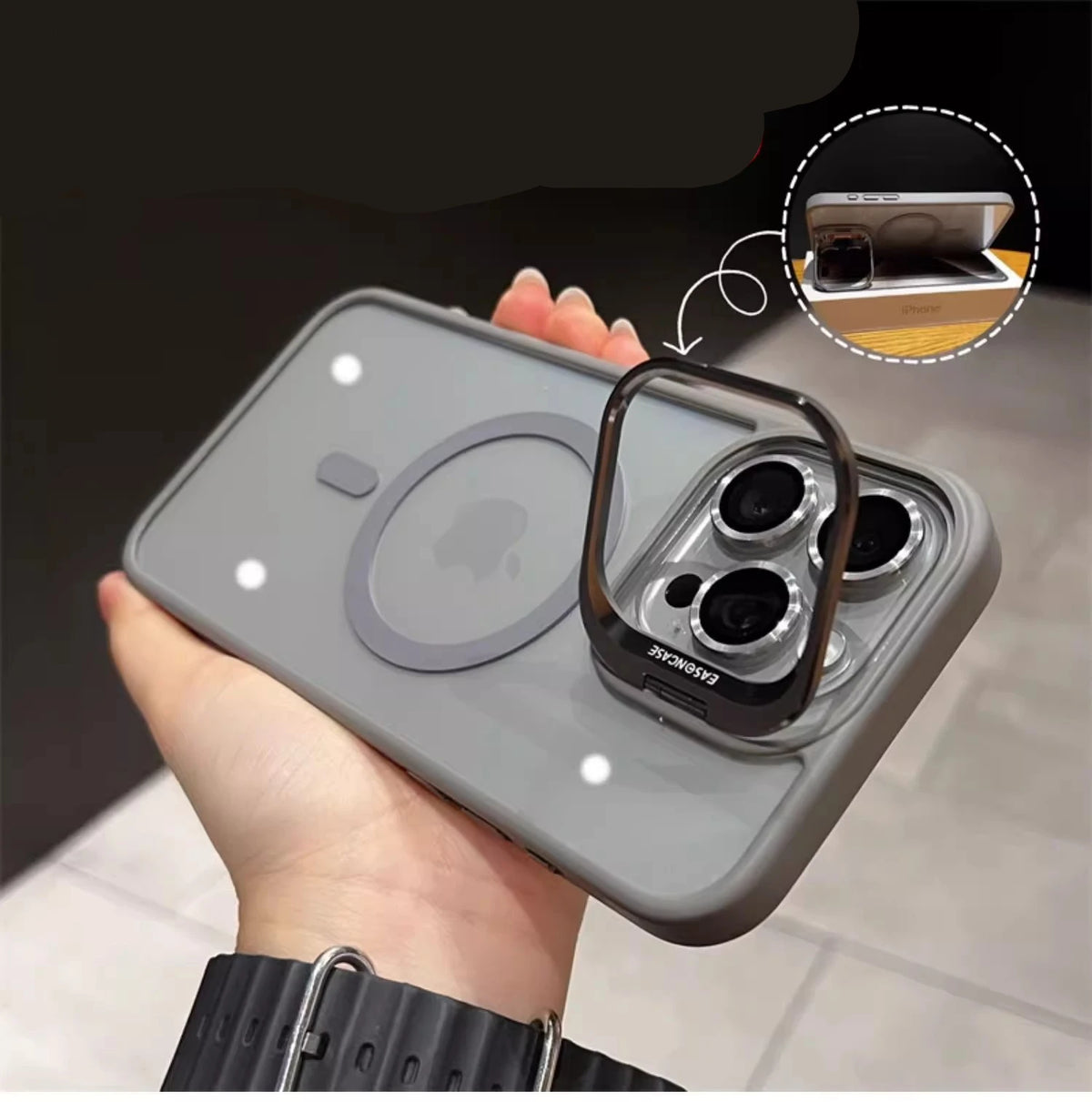 For iPhone 15 Pro Max Luxury Magsafe Magnetic Lens Holder Stand Phone Case For iPhone 12 13 14 15 16 Plus Clean Protective Cover