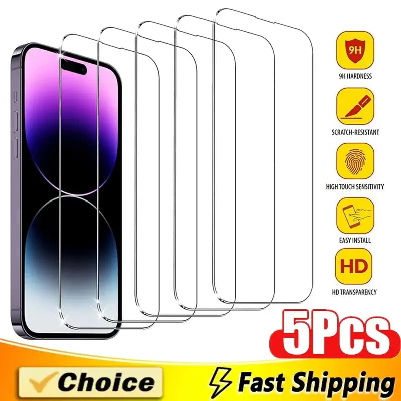 5 protectores de pantalla de vidrio templado para iPhone 15, 13, 11, 12, 14 Pro Max, mini, para iPhone 16, 7, 8 Plus, X, XR, XS MAX