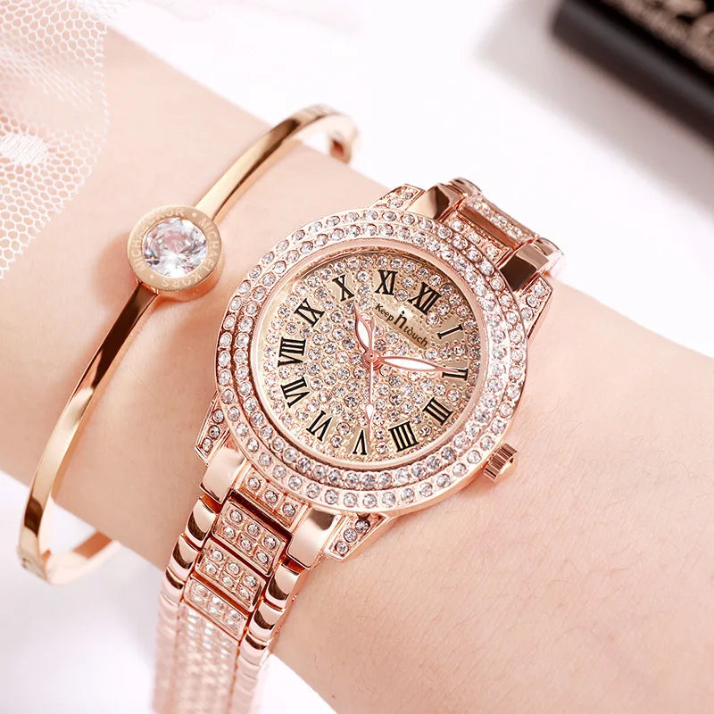 Casual Elegant All-Star Women's Quartz Watch Shiny Fine Zircon Mechanical Lady Wristwatches Fashion Folding Watches Buckle Watch