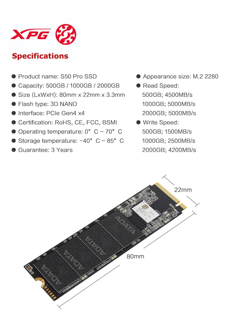 ADATA XPG GAMMIX S50 PRO SSD NVMe M2 PCIe Gen4x4 M.2 2280 Solid State Drive 500G 1TB Internal Hard disk 3D NAND Flash Hard Drive