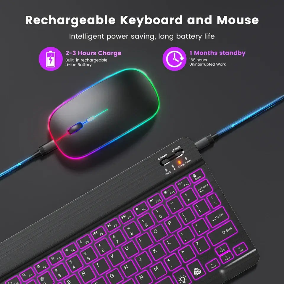 10-Zoll-RGB-Bluetooth-Tastatur mit Hintergrundbeleuchtung, kabellose Mini-Maus für spanische und russische Tastatur, wiederaufladbare RGB-Tastaturmaus mit Hintergrundbeleuchtung