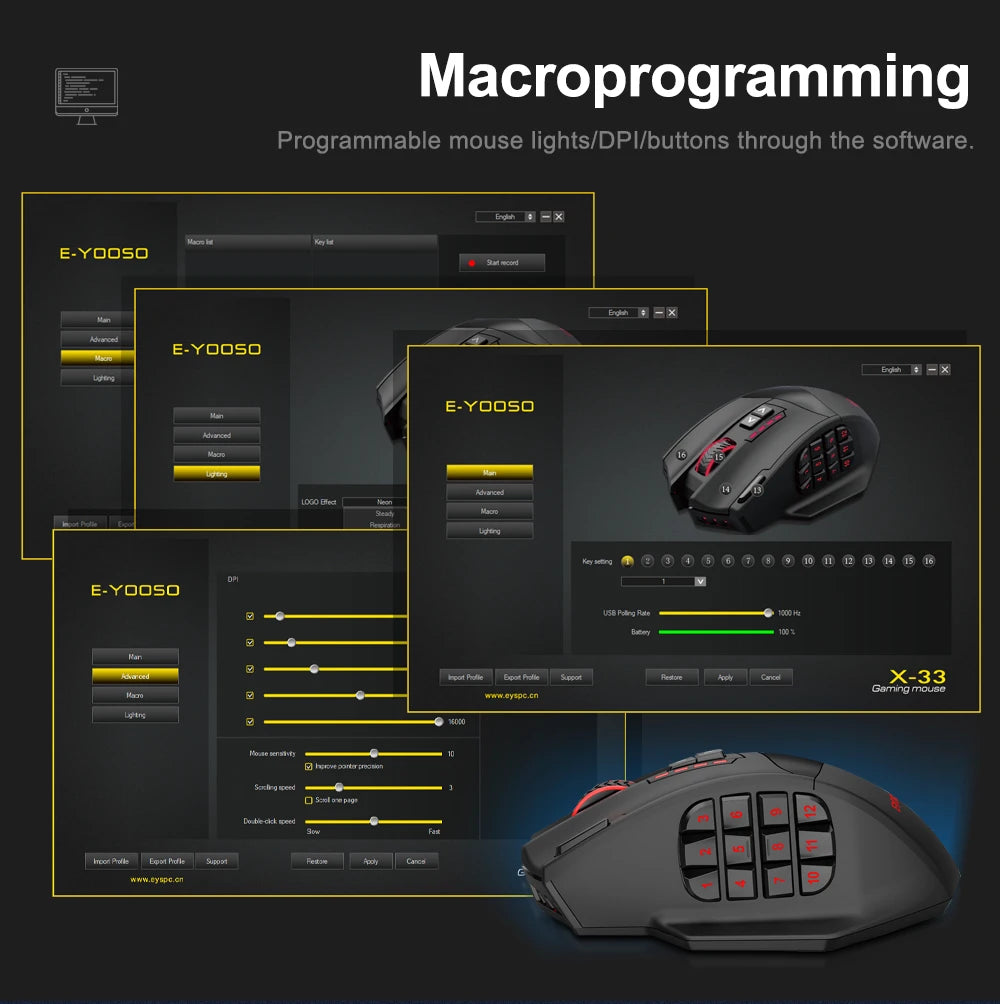 E-YOOSO X-33 RGB USB 2.4G Wireless Gaming Mouse 16000 DPI 16 Buttons Programmable Game Optical Mice for Computer PC Laptop