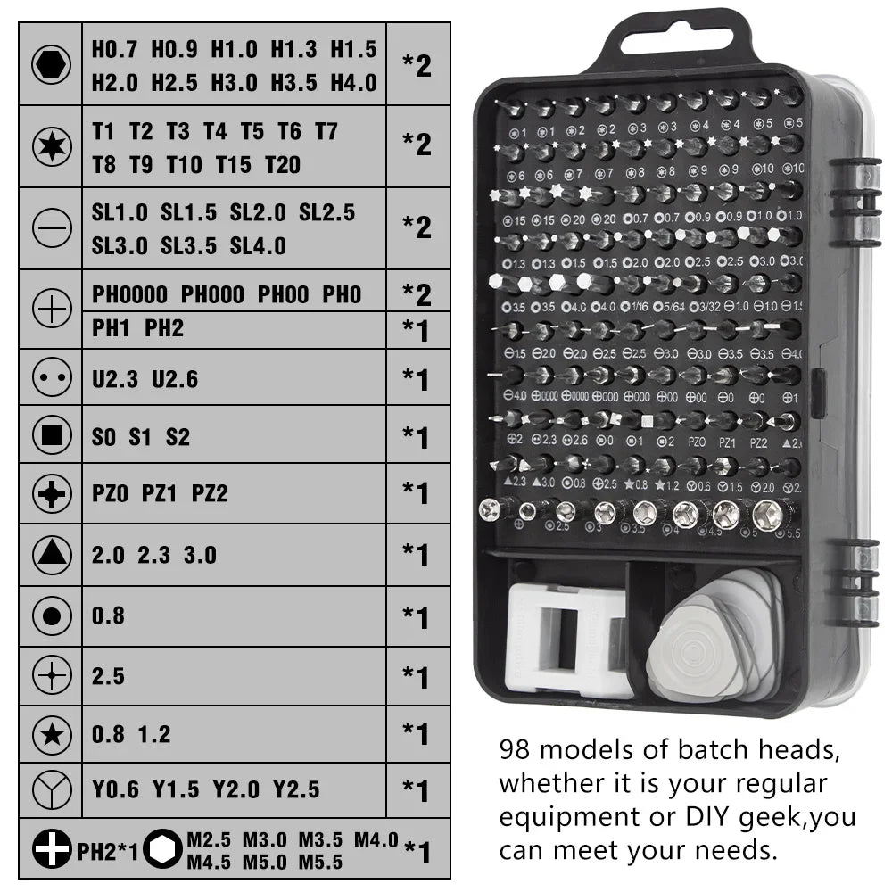 Juego de destornilladores de precisión 115 en 1 para reparación de dispositivos electrónicos, PC, portátiles, teléfonos y MacBook, kit de herramientas profesionales para cada tarea