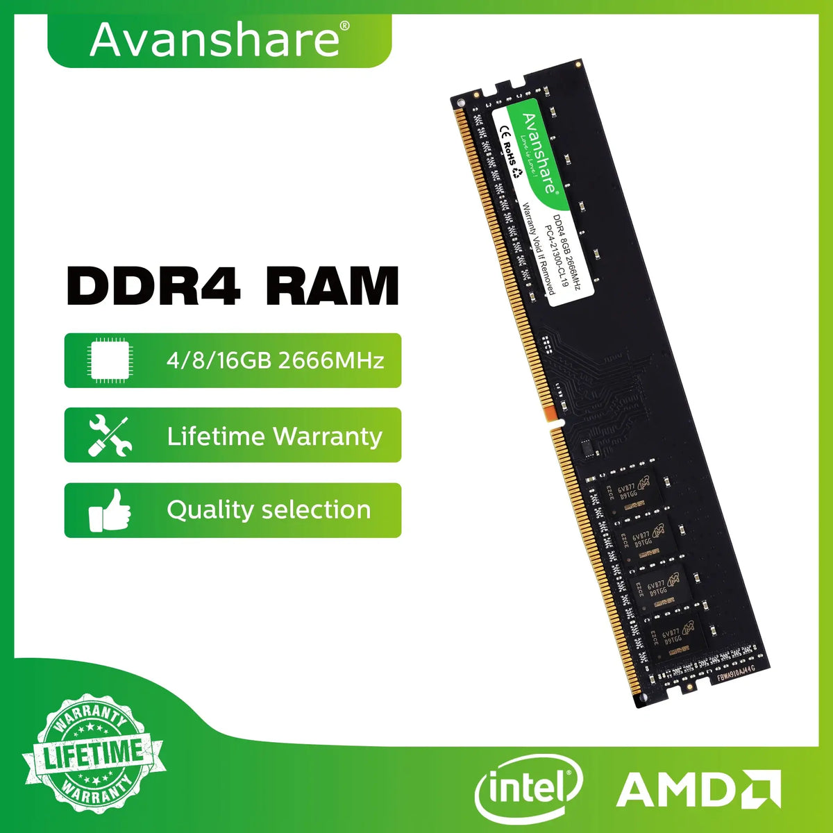 Memoria RAM DDR3 DDR4 Avanshare de 16 GB, 8 GB, 4 GB, 2 GB, 1333, 1600, 2400, 2666 y 3200 MHz, para escritorio, UDIMM, para todas las placas base Intel y AMD