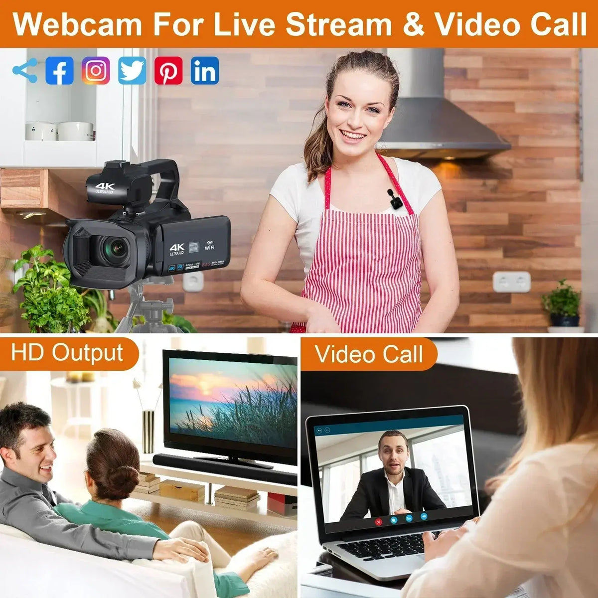 4K 60FPS Professioneller Camcorder für Fotografie 64MP WiFi Livestream Webcam Videokamera 18X Digitalzoom YouTube Vlog Recorder