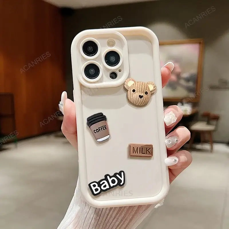 Cute 3D Bear Coffee Cartoon Silicone Case For Iphone 15 12 11 13 14 Pro Max 7 8 Plus X Xs Xr 15pro 14pro 15plus Soft Matte Cover