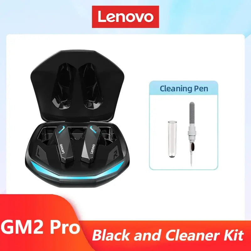 Lenovo GM2 Pro wireless earbuds in charging case with cleaning pen for upkeep and maintenance.