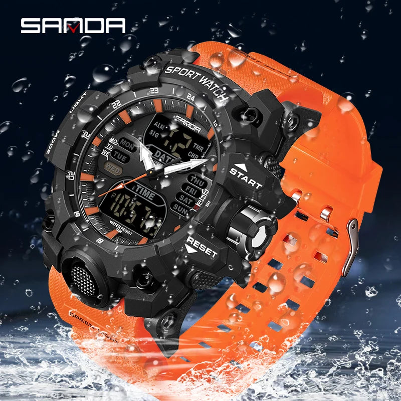 SANDA Reloj electrónico de lujo estilo G para hombre, para deportes al aire libre, LED, analógico, digital, cronógrafo, militar, pantalla dual, resistente al agua hasta 50 m