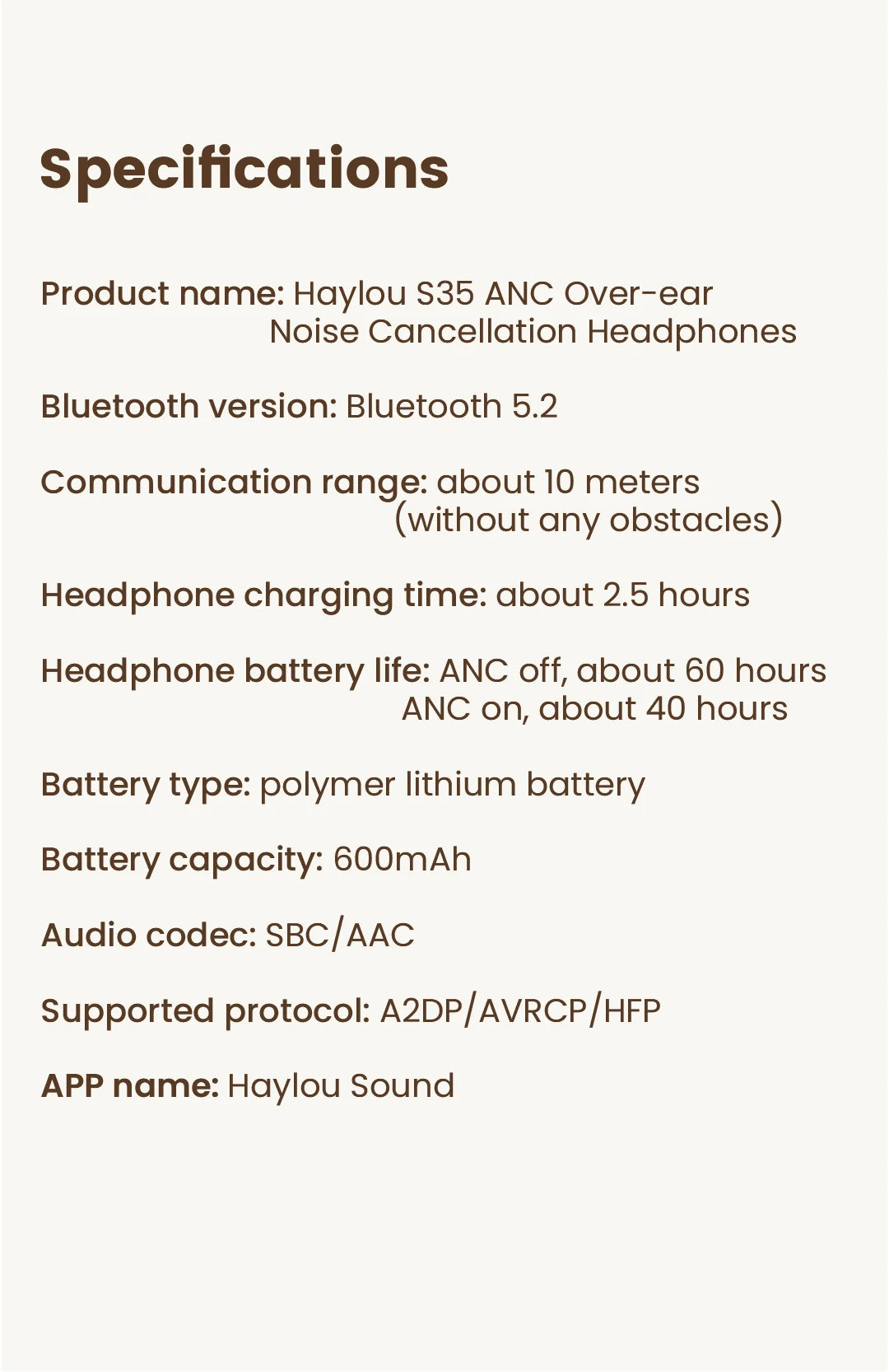 HAYLOU S35 ANC Kabellose Kopfhörer Over-Ear 42 dB ANC-Kopfhörer Bluetooth 5.2 40 mm dynamischer Treiber 60 Stunden Akkulaufzeit Ohrhörer